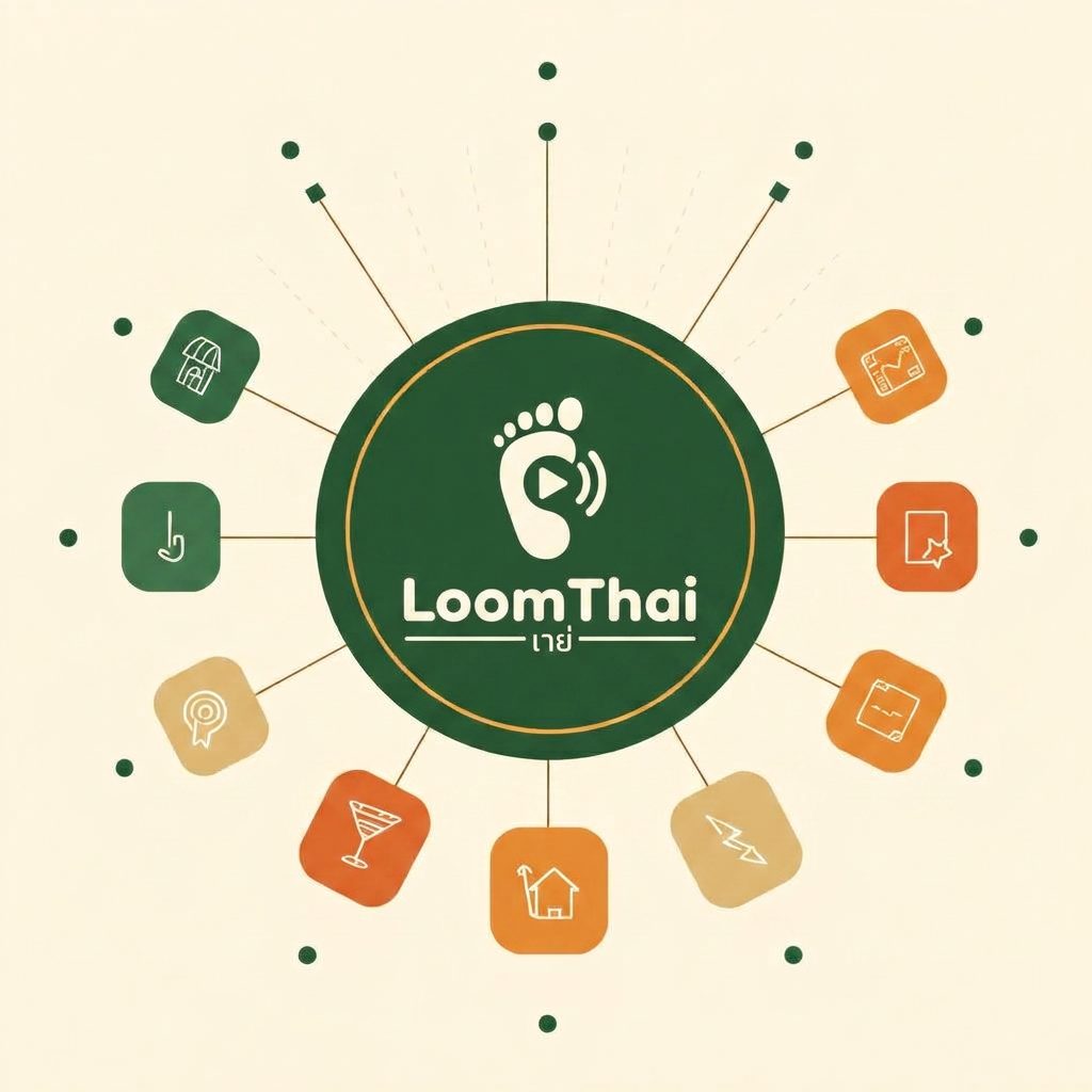 LoomThai ecosystem hub diagram — the LoomThai logo at the centre of a constellation of product icons