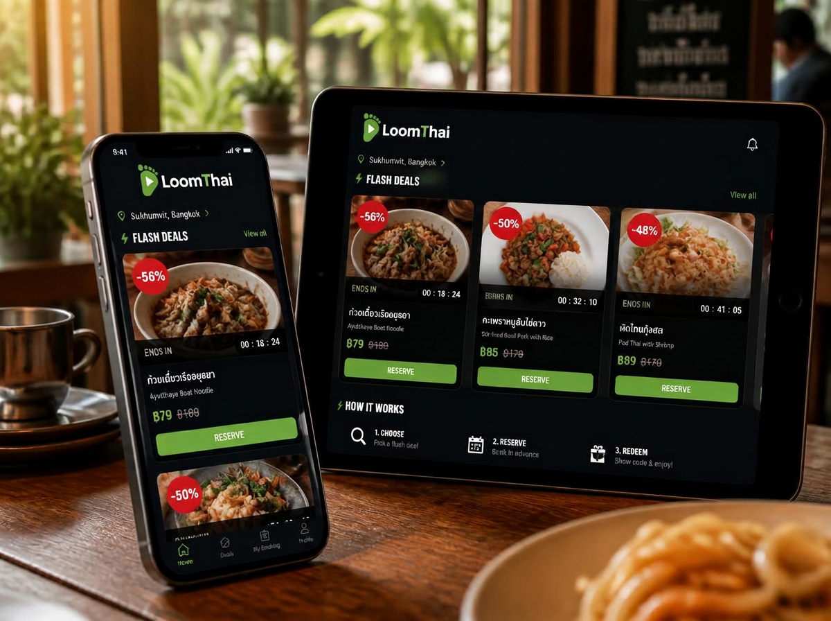 LoomFlash hyper-local flash deals on phone and tablet in a Thai cafe setting