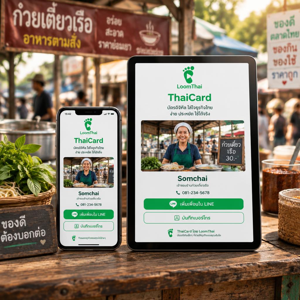 ThaiCard budget digital business card on phone and tablet in a Thai street market setting